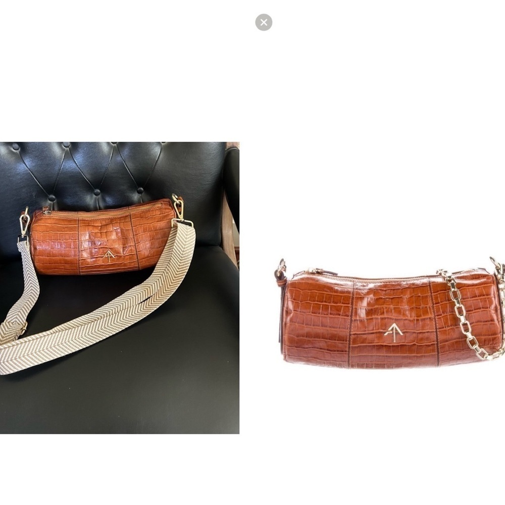 Manu Atelier Shoulder Bag Brown Leather Gold-Tone Hardware Chainlink Wide Strap